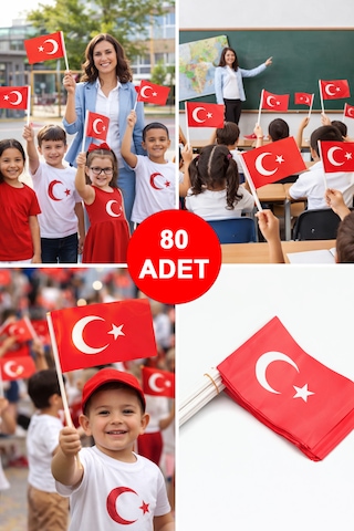 80 Adet Çubuklu Kağıt Türk Bayrağı Çıtalı Sopalı Ayyıldız Baskılı Bayrak 23 Nisan 19 Mayıs Süsleme Tüm Yaşlar