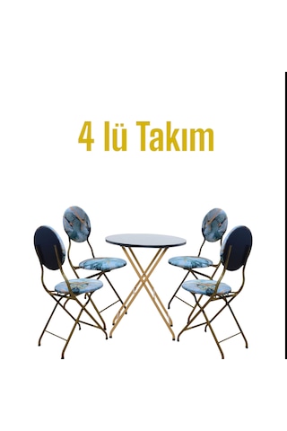 Mermer Desenli Gold Metal Bahçe Takımı - 4 Sandalye + 1 Masa