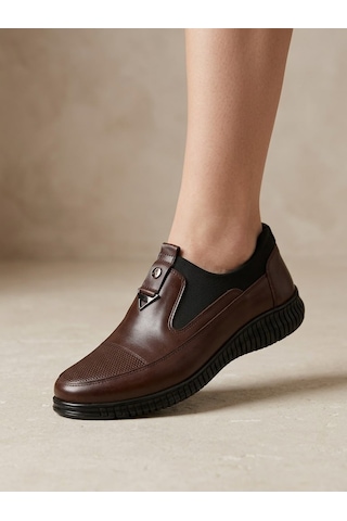 Beren Hakiki Deri Siyah Kadın Ayakkabı Ortopedik Taban Bağcıksız Comfort Casual Günlük Sneaker Kahverengi