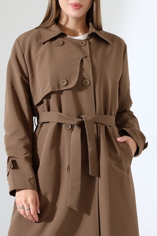 Amazon Keten Kumaş Uzun Boy Düğmeli Astarlı Yumuşak Dokulu Trenç Kot Sütlü Kahve Sütlü Kahverengi