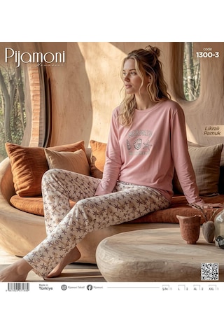Pijamoni Kadın Likralı Pamuklu Bisiklet Yaka Uzun Kol İnce Pijama Takımı 1300/3 - 1 Adet Pembe