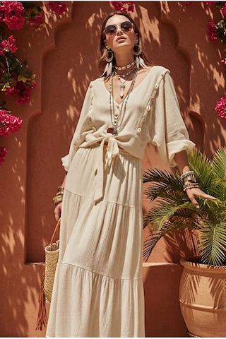 Fashion Cocktail Midye İstiridye Deniz Kabuğu V-yaka Bağlamalı Crop Dizaltı Lastikli Etek Bluz Sahil 2li Bohem Takım Açık Bej