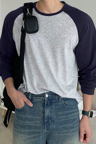 Tarz Cool Erkek Reglan Kol Uzun Kollu Basic Tişört Süprem %100 Cotton Bisiklet Yaka Rahat Kalıp Mavi