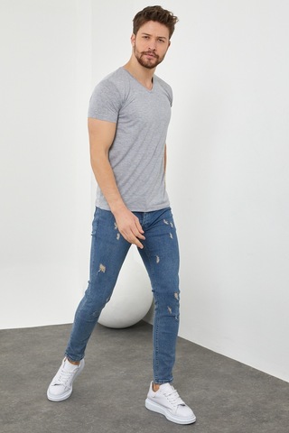 Tarz Cool Erkek V Yaka Slim Fit Likralı T-shirt Gri