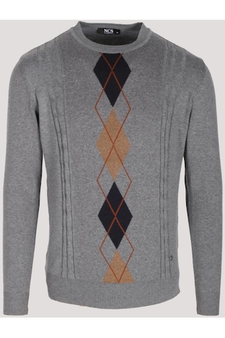 Erkek Triko Grimelanj Bisiklet Yaka Baklava Desenli Slim Fit Pamuklu Kazak Ncs Jeans 3745-grimelanj Gri Melanj
