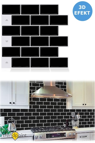 Trendpoint 3d 30 30cm Mutfak Tezgah Arkası Kaplama Kendinden Yapışkanlı Siyah Seramik Görünüm Banyo