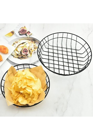 2pcs Cips Atıştırmalık Sepet Meyve Sepeti Büyük Yuvarlak Tel Sepet Siyah Metal Ekmek Sepeti Siyah