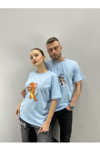 Flood Of Style Unisex Tshirt Bebe Mavi Tom Ve Jerry Baskılı Sevgili Çift Kombini 2 'li Set Bej