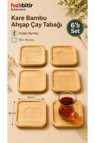 Bymyhand Bambu Doğal Ahşap Kare Bardak Altlığı 6'lı Set 10 X 10 Cm