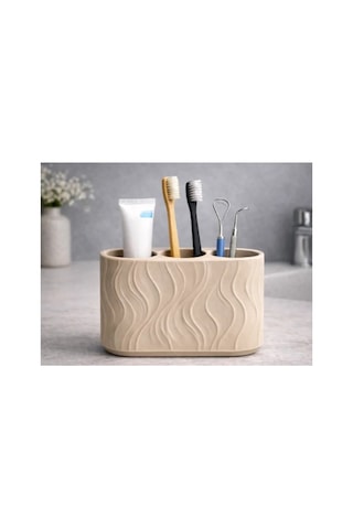 Alvera Üç Bölmeli Diş Fırçalık Dalga Desenli Banyo Organizeri Minimalist Diş Fırçası Tutucu Bej