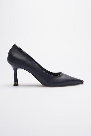 Esatsani Lacivert Deri Sivri Burun 8 Cm Topuklu Gold Burunluk Detaylı More Stiletto Kadın Ayakkabı Lacivert Deri