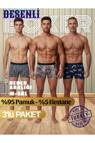 Mercan Erkek Boxer Şişe, Rota, Geyik Desenli 3'lü Paket - Rahat Kesim Çok Renkli