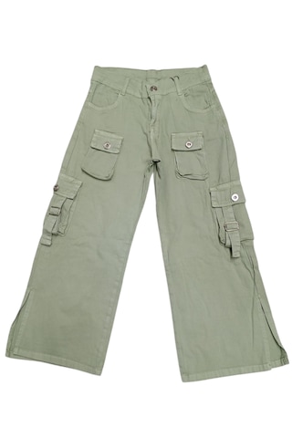 Kız Çocuk Kargo Cep Detaylı Paçası Yırtmaçlı Su Yeşili Pantolon Su Yeşili