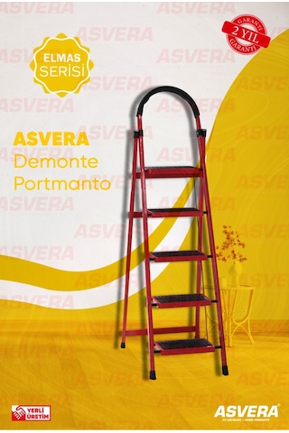 Elmas Serisi Carnaval 5 Li Ev Tipi Katlanır Merdiven Kırmızı, Kaymaz, Hafif, Dayanıklı 1 Adet