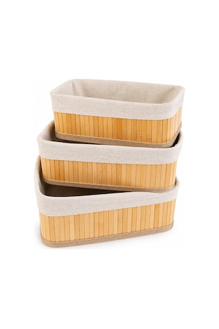 Bambu Organizer Sepet 3 Lü Set Kumaş Kaplı Dekoratif Saklama Kutusu, Çok Amaçlı Düzenleyici Banyo, Mutfak, Dolap Açık Ahşap