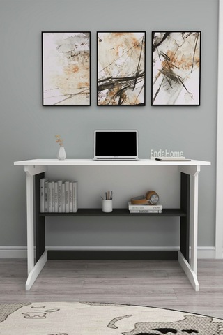 Enda Home Pillar Kütüphaneli Geniş Çalışma Masası 100x56 Cm Antrasit - Beyaz