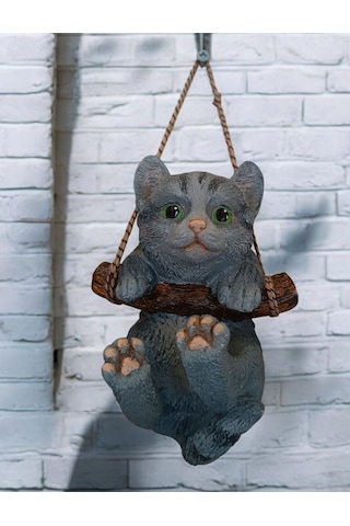1 Adet Dekoratif Sallanan Duvar Ve Bahçe Süsü Kedi Gri