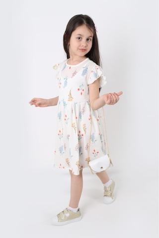 Aden Kids Kız Çocuk Kuçük Çiçek Desenli Krep Kumaş Elbise Çanta Hediyeli - 2-8 Yaş, Günlük Ve Bayramlık Açık Sarı