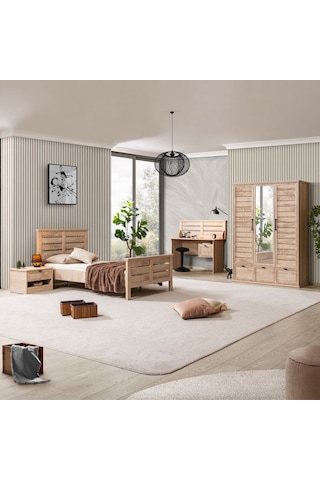 Polo Genç Odası - 3 Kapaklı Dolap, Karyola, Komodin, Çalışma Masası Ceviz