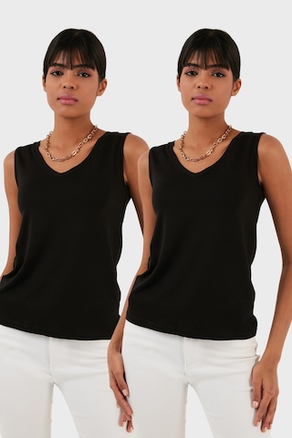 Lela Slim Fit V Yaka Kalın Askılı 2' Li Paket Bayan Bluz 5864384S2 Siyah-Siyah
