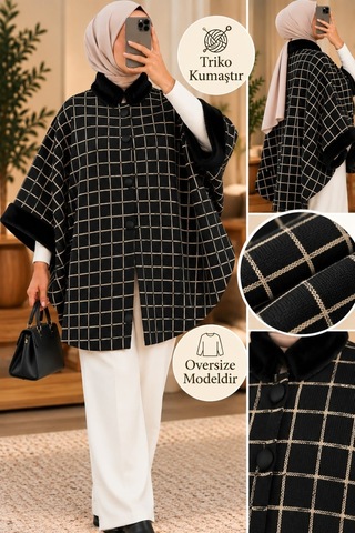 Genel Markalar Novea Scarf Kürklü Kareli Triko Panço Siyah - 938500882 Siyah