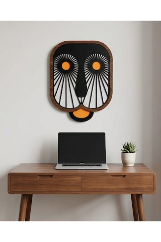 El Yapımı Soyut Baykuş Duvar Dekoru - Siyah Turuncu Ahşap Panel, Göz Motifli Modern Sanat Mdf 1
