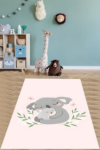 Pelangi Koala Ve Yavru Koala Hayvan Desenli Yıkanabilir Kaymaz Taban Leke Tutmaz Çocuk Odası Halısı, Pembe-gri 180 Çok Renkli