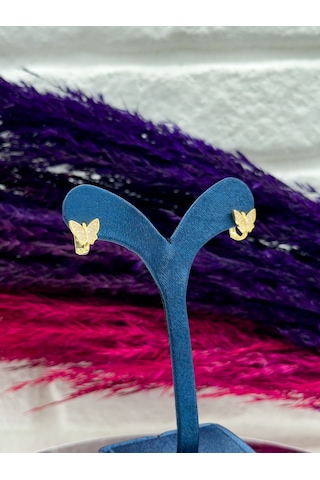 925 Ayar Gümüş Gold Renk Kelebek Tasarımlı Zarif Kız Çocuk Küpesi Gümüş