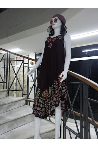 Sıfır Kol Yuvarlak Yaka Batik Desenli Elbise-9701 Yeşil