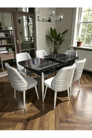 Msy Home Traverten/sonomo/siyah Mermer Gold/krom Ayaklı Mdf 80 130 Kelebek Açılabilr Yemek Masası Siyah Mermer Krom
