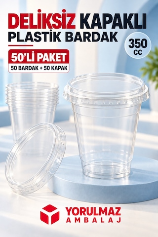 350 Cc Deliksiz Kapaklı Sızdırmaz Pet Bardak 50'li 40
