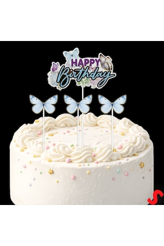 Kelebekli Happy Birthday Pasta Süsü 4 Lü Set - Mavi