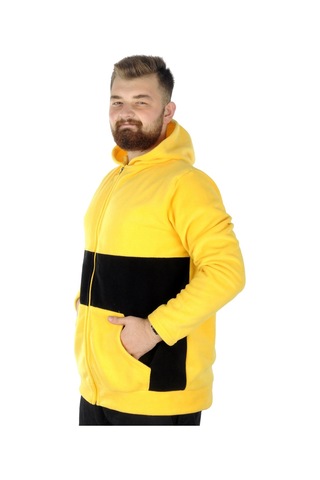 Mode Xl Büyük Beden Erkek Kapşonlu Fermuarlı Polar Hırka 22554 Hardal 001