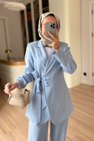 Ka Hijab Bel Detaylı Vatkalı Ceketli Takım - Mavi