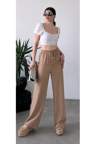 Blue Trend Kadın Düz Renk Keten Bel Lastikli Bol Paça Pantolon Bej