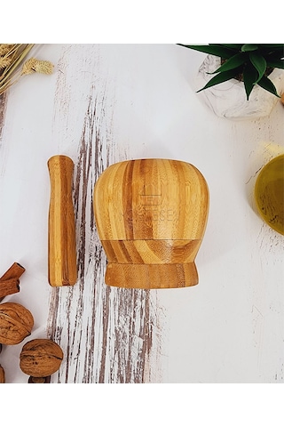 El Yapımı Ahşap Ağaç Havan Sarımsak Döveceği Bambu 12 Lik