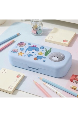 Sevimli Kawaii Figürlü Kalem Kutusu Çok Bölmeli Çift Katlı Büyük Kapasiteli Kalem Kutusu Sticker'lı Kalem Kutusu Sticker Yapıştırılabilir Kalemlik Sticker Kalemlik Mavi
