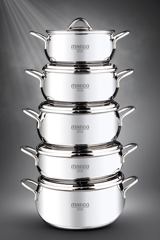 Mango Kitchen Dara Steel - 10 Parça Çelik Tencere Seti Paslanmaz Çelik Master Steel 18/10 Çelik Inox