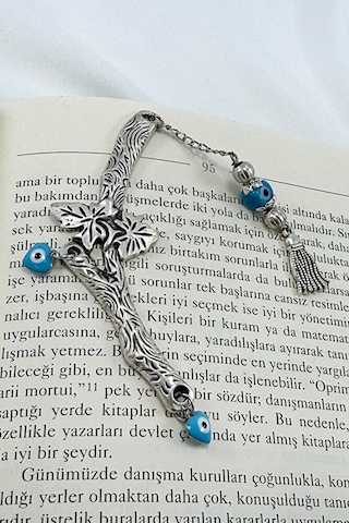 El Yapımı Cam Nazar Boncuğu Metal Yapraklı Dal Kitap Ayracı, Hedi