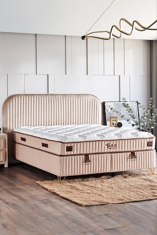 Line Visco Lüks Yatak Baza Ve Başlık Seti 200x200 Cm Çift Kişilik Yatak, Baza Ve Başlık Takımı Krem