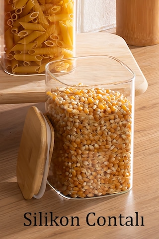 Porsima 6-3 Bambu Vakumlu Kapaklı Kare Borsilikat Cam 3lü Kavanoz Seti Saklama Kabı 1250ml 9,5x15cm Ahşap - Şeffaf