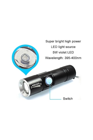 Ebitda Usb Ultraviyole El Feneri Yeşim Tanımlama 395nm Floresan Dedektörü Siyah Kompakt 5w Led Siyah