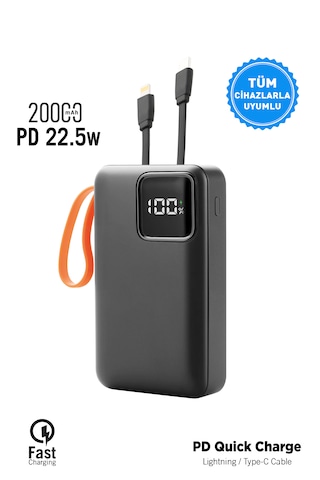 20.000 Mah Mini Kablolu Hızlı Powerbank 22w Pd Quick Fast Taşınabilir Şarj Cihazı Siyah