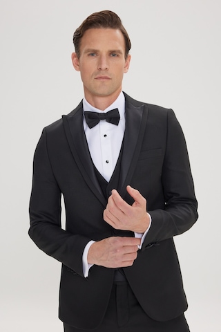 Ac&Co / Altınyıldız Classics Erkek Sıyah Slim Fit Dar Kesim Kırlangıç Yaka Balıksırtı Desenli Yelekli Smokin Takım Sıyah Siyah