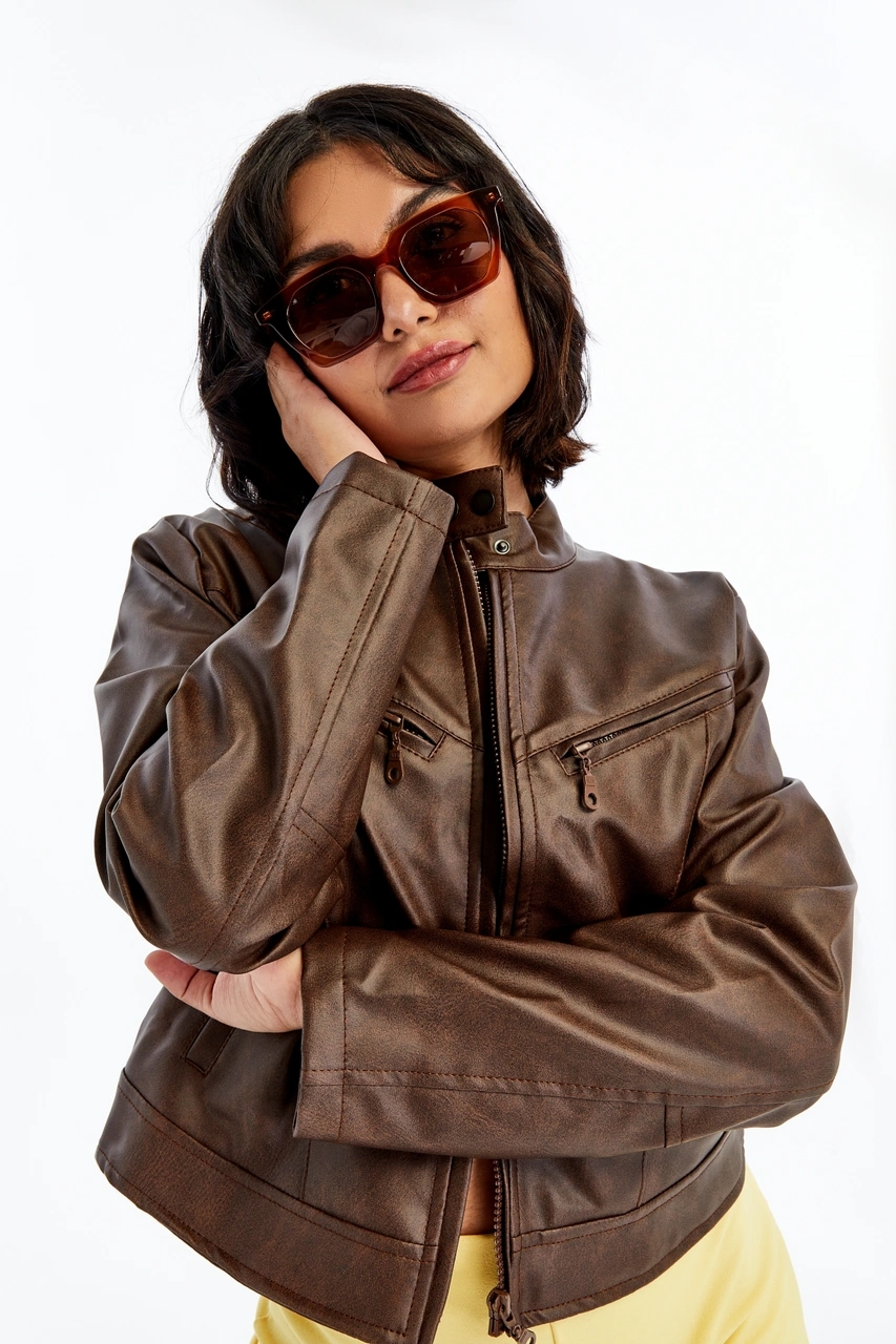 Kadın Deri Ceket Niş Kompakt Tasarım Mont Günlük Kullanım Fermuar Hakim Yaka Şık Ceket Kahverengi