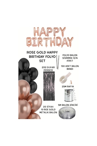 Rose Gold Happy Birthday Yazısı Siyah Perde Metalik Balon Zinciri Doğum Günü Süsleme Seti Siyah-rose Gold