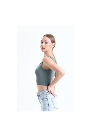 Yeşil Fitilli Kare Yaka Esnek Örme Crop Büstiyer Atlet Haki