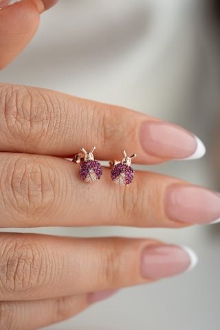 925 Ayar Gümüş Rose Kaplama Minik Pembe Uğur Böceği Küpe Pembe Altın