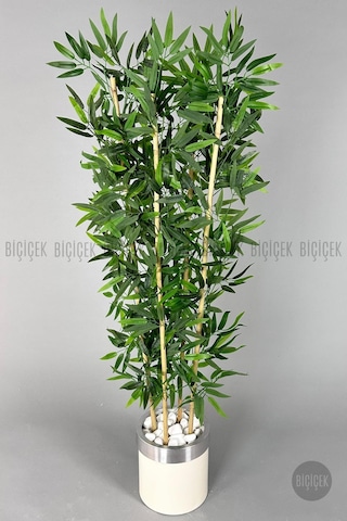Biçiçek Yapay Bambu Ağacı 140cm Krem Gümüş Metal Saksıda