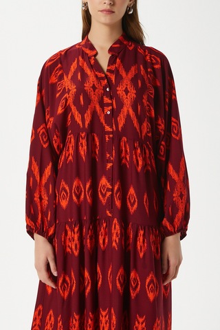 Modest Megan Turuncu Kadın %100 Viskon Maksi Boy Katlı Balon Kol Uzun Yazlık Elbise Turuncukırmızı